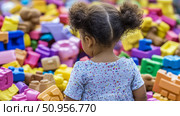 Adorable young child with two pigtails gazing at a vibrant collection of colorful building blocks, an emblem of playful learning and early childhood development for educational promotion. Стоковое AI-изображение, AI-художник Данила Большаков / Фотобанк Лори