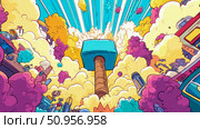 A Mighty Hammer Descending from a Vibrant Sky Amidst an Explosive Cloud Burst and Surrounding Debris, Dynamic Comic Action Art. Стоковое AI-изображение, AI-художник Данила Большаков / Фотобанк Лори