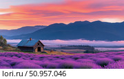 An enchanting rural landscape showcasing a rustic wooden cabin nestled within a boundless field of vibrant purple lavender, under a breathtaking pastel sky at dawn or dusk, offering a peaceful natura. Стоковое AI-изображение, AI-художник Данила Большаков / Фотобанк Лори