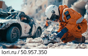 A futuristic rescuer in orange suit operates advanced equipment amidst urban rubble, depicting a disaster recovery mission with aid technology. Стоковое AI-изображение, AI-художник Данила Большаков / Фотобанк Лори