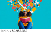 A captivating representation of a young person engrossed in a book, their imagination blossoming with vibrant abstract shapes, promoting knowledge and creative thinking. Стоковое AI-изображение, AI-художник Данила Большаков / Фотобанк Лори