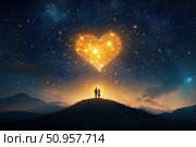 A romantic night scene with a couple beneath a vast starry sky. Golden meteors form a glowing heart, creating a breathtaking celestial display filled with cosmic warmth and energy. Стоковое AI-изображение, AI-художник Nart / Фотобанк Лори