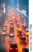 A congested urban street littered with cars and bright red taillights in dense smog. The heavy traffic encapsulates a common city gridlock scenario amidst pollution. Стоковое AI-изображение, AI-художник Nart / Фотобанк Лори