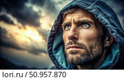 Determined Man Gazing at the Sunset, Hooded and Focused. Generative AI. Стоковое AI-изображение, AI-художник Roman Zavorotny / Фотобанк Лори