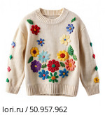 White Knit Sweater With Colorful Applique Flowers. Generative AI. Стоковое AI-изображение, AI-художник Roman Zavorotny / Фотобанк Лори