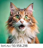 Surprised Shaggy Cat With Wide Open Mouth. Generative AI. Стоковое AI-изображение, AI-художник Roman Zavorotny / Фотобанк Лори