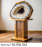 Large Quartz Geode Displayed on Wooden Lectern. Generative AI. Стоковое AI-изображение, AI-художник Roman Zavorotny / Фотобанк Лори