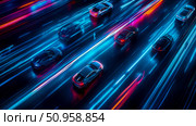 Dynamic overhead scene of multiple sleek automobiles speeding down a futuristic illuminated highway at night, showcasing bright neon light trails for a technology concept. Стоковое AI-изображение, AI-художник Данила Большаков / Фотобанк Лори