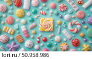 A vibrant assortment of sugary confections and delightful sweets scattered on a pastel blue surface, capturing the essence of playful indulgence for celebration artwork, print, card, and poster conte. Стоковое AI-изображение, AI-художник Данила Большаков / Фотобанк Лори