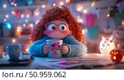 A cozy evening with a joyful animated child with red curly hair and pink glasses holding a mug, drawing at a desk under warm string lights, for a heartwarming children's book or greeting card. Стоковое AI-изображение, AI-художник Данила Большаков / Фотобанк Лори