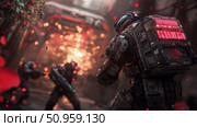 A highly armored futuristic combatant engaged in an intense urban firefight amidst explosions and glowing debris, evoking a dramatic sci-fi battle scene. Стоковое AI-изображение, AI-художник Данила Большаков / Фотобанк Лори