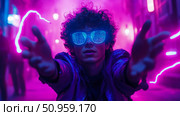 Young person in a cyberpunk neon glow, wearing futuristic glowing glasses with hands extended, symbolizing digital immersion and future connection in an urban night realm. Стоковое AI-изображение, AI-художник Данила Большаков / Фотобанк Лори