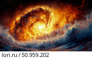 A dramatic cosmic spiral of fiery stellar energy merging with a powerful, immense ocean wave, symbolizing elemental forces and the sublime creation of the universe; suitable for print, poster, or dig. Стоковое AI-изображение, AI-художник Данила Большаков / Фотобанк Лори