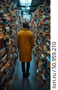 A lone figure exploring an overwhelming corridor of towering books, symbolizing a journey through extensive knowledge. Стоковое AI-изображение, AI-художник Данила Большаков / Фотобанк Лори
