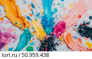 A vibrant explosion of colorful paint and powder creating an abstract artistic composition, ideal for creative backgrounds, presentations, or print. Стоковое AI-изображение, AI-художник Данила Большаков / Фотобанк Лори