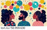 A joyful and diverse group of three individuals sharing ideas and positive thoughts with vibrant speech bubble shapes, an uplifting community concept. Стоковое AI-изображение, AI-художник Данила Большаков / Фотобанк Лори