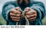 Close-up of rugged hands tightly grasping a taut rope, symbolizing strength, perseverance, and human connection, ideal for themes of hard work or unity. Стоковое AI-изображение, AI-художник Данила Большаков / Фотобанк Лори