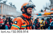 A vigilant public servant in a bright orange protective suit and helmet, ready for winter emergency operation in an urban setting. Стоковое AI-изображение, AI-художник Данила Большаков / Фотобанк Лори