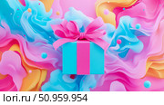 A cheerful turquoise gift box with a large pink ribbon bow, centered on a whimsical abstract fluid backdrop in sweet pastel hues, perfect for a celebration invitation or festive promotion. Стоковое AI-изображение, AI-художник Данила Большаков / Фотобанк Лори