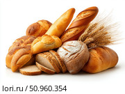 Assortment of Baked bread. Loaf of Bread. Fresh Bakery Products. Healthy Food Concept. Top View. Homemade Sourdough Bread Variety with Flour on a White Background. Wheat Spikes. Close Up. Advertising. Стоковое AI-изображение, AI-художник Марина Демидюк / Фотобанк Лори