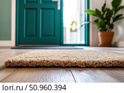 Close-up of natural fiber doormat on wooden floor with open blue doors. Potted plant in frame. Bright daylight outside. Inviting home entrance. Clean, fresh, cozy mood. Interior, lifestyle. Banner. Стоковое AI-изображение, AI-художник Евгений Демидюк / Фотобанк Лори