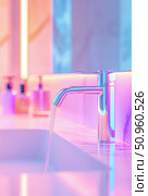 Modern chrome faucet with flowing water in a neon-lit bathroom. Стоковое AI-изображение, AI-художник Катерина Бондарец / Фотобанк Лори