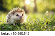 Adorable hedgehog in green grass with sunlight glowing in background. Стоковое AI-изображение, AI-художник Катерина Бондарец / Фотобанк Лори