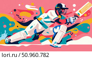 A vibrant graphic depiction of a cricket player executing a dynamic bat strike, ideal for a sports event promotion banner or a lively modern poster. Стоковое AI-изображение, AI-художник Данила Большаков / Фотобанк Лори