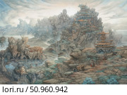 A fantastic landscape in the oriental style, made in the form of an elegant detailed illustration. In the foreground are ancient rock terraces with growing trees and exotic plants, and in the distance are majestic temples and palaces built into the mountain slopes. The composition is filled with an atmosphere of legends, ancient wisdom and mysterious tranquility. The picture is reminiscent of the mythical world from ancient Chinese or Tibetan tales. Ideal for book design, games, fantasy projects, covers and art prints. Стоковое AI-изображение, AI-художник Анна Кривицкая / Фотобанк Лори