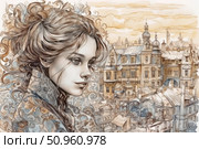 Art portrait of a young woman against the backdrop of an old European city, made using watercolor and graphic illustration techniques. Rich detailing, graceful lines and a warm palette give the image a vintage, romantic atmosphere. The female image is refined and filled with inner strength and melancholy, and the architectural background - with domes, tiled roofs and carved facades - creates a sense of a bygone era. Ideal for covers, posters, design and publishing projects. Стоковое AI-изображение, AI-художник Анна Кривицкая / Фотобанк Лори