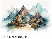 Watercolor landscape illustration with majestic mountains, at the foot of which are ancient castles and a lighthouse. The painting is done in a soft, misty manner, with subtle color transitions and light brushstrokes. The water at the foot reflects the mountain peaks, creating a sense of depth and tranquility. This work is filled with an atmosphere of fairytale and solitude, perfect for decorating books, calendars, postcards and interior design. Стоковое AI-изображение, AI-художник Анна Кривицкая / Фотобанк Лори