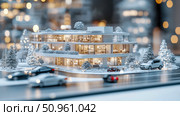 Concept: Winter Holiday display of a modern residence with luxury autos and snowy evergreens miniature for seasonal celebration. Стоковое AI-изображение, AI-художник Данила Большаков / Фотобанк Лори