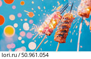 Celebration concept: Festive grilled meat skewer on a blue surface. Стоковое AI-изображение, AI-художник Данила Большаков / Фотобанк Лори