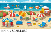 Summer Scene Concept: A vibrant and whimsical beach scene filled with umbrellas, chairs, boats, and swimmers. Стоковое AI-изображение, AI-художник Данила Большаков / Фотобанк Лори