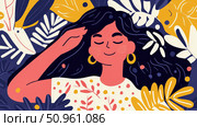 Girl in Dreamy State with Floral Elements, a serene wellbeing depiction. Стоковое AI-изображение, AI-художник Данила Большаков / Фотобанк Лори