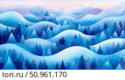 A serene winter landscape with snowy mountain, forest, hills, and falling snow, holiday season, poster art. Стоковое AI-изображение, AI-художник Данила Большаков / Фотобанк Лори