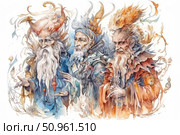 Watercolor fantasy illustration of three old wizards in elegant robes decorated with feathers, symbols and fantastic creatures. Each wizard has a unique appearance and character: one holds a bird, another is decorated with corals and leaves, the third has a flame on his head. All three are surrounded by graceful organic ornaments reminiscent of nature, magic and ancient legends. The atmosphere of the image is magical, fabulous, filled with details and symbolism. Suitable for fantasy themes, magic, illustrations for books, tarot cards and board games. Стоковое AI-изображение, AI-художник Анна Кривицкая / Фотобанк Лори