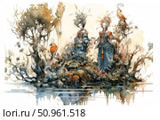 A fantasy watercolor illustration of two elegant ladies in exquisite outfits standing in a fairytale nature. Their dresses are decorated with complex ornaments, and their headdresses are complemented by exotic feathers and flowers. Around them are fantastic trees, bizarre plants and bright birds with decorative tails. The composition is filled with harmony, subtle detailing and an atmosphere of magic. Ideal for fantasy, art, fairy tales and fine decorative graphics. Стоковое AI-изображение, AI-художник Анна Кривицкая / Фотобанк Лори