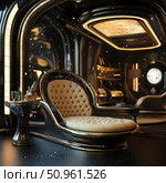 Luxurious futuristic interior with a designer armchair in Art Deco style against the background of elegant outer space. Soft cream-colored upholstery with decorative quilting, gold and black interior elements create an atmosphere of refined comfort of the future. Nearby is an elegant table with bottles, soft lighting, panoramic windows and modern lighting. An ideal image for the themes of luxury, futuristic design, space tourism and modern technologies in the interior. Стоковое AI-изображение, AI-художник Анна Кривицкая / Фотобанк Лори