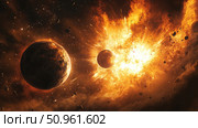 An epic scene of a cosmic collision between two planets in outer space. A powerful explosion, blinding light and hot debris fill the frame with dramatic energy. Against a backdrop of twinkling stars and thick dust clouds, the moment of destruction is captured - grand and catastrophic. An ideal image for science, fantasy, space, apocalypse and astronomical visualization themes. Стоковое AI-изображение, AI-художник Анна Кривицкая / Фотобанк Лори