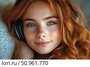 Portrait of a young girl with red wavy hair and freckles, listening to music on headphones. Her bright blue eyes and easy smile create a feeling of calm, comfort and inner harmony. A perfect image for themes of happiness, youth, relaxation, lifestyle and the digital age. Стоковое AI-изображение, AI-художник Анна Кривицкая / Фотобанк Лори