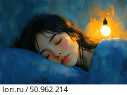 Atmospheric digital illustration of a young girl sleeping peacefully on a pillow in the warm light of a lamp. The work is done in a painterly manner with soft brushstrokes and deep blue and orange tones, creating a feeling of coziness, peace and inner warmth. Ideal for book covers, articles about sleep and psychological health, visualization of meditative and relaxing topics. Стоковое AI-изображение, AI-художник Анна Кривицкая / Фотобанк Лори