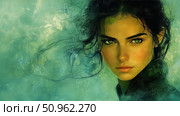 Digital portrait of a young woman with expressive green eyes and dark hair against a textured green surface. The heroine's gaze is strong, focused and piercingly bright. The image combines realism and artistic stylization, creating the effect of powerful feminine energy and inner strength. Suitable for book covers, magazines, posters, visual novels and art projects. Стоковое AI-изображение, AI-художник Анна Кривицкая / Фотобанк Лори