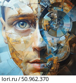 A modern conceptual illustration that combines a human face and mechanisms into a single composition. The left part of the image is done in warm colors and depicts realistic human skin and eyes, the right is abstract and resembles a complex mechanism or digital mosaic. The work symbolizes the synthesis of man and technology, artificial intelligence, cybernetics and transhumanism. Ideal for themes of the future, AI, technology and philosophy of consciousness. Стоковое AI-изображение, AI-художник Анна Кривицкая / Фотобанк Лори