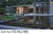 Serene Kyoto pond mirroring twilight landscape, featuring manicured bonsai, stone elements, verdant moss amid peaceful garden setting. Стоковое AI-видео, аниматор Данил Руденко / Фотобанк Лори