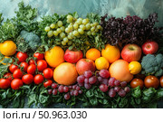 Bright and juicy composition of fresh fruits and vegetables laid out in a horizontal strip against a green decorative surface. In the foreground are grapes, spinach, tomatoes, grapefruits, apples, oranges, broccoli and leafy greens. A rich palette of natural shades symbolizing health, freshness and vitamins. Ideal for nutrition, healthy lifestyle, cooking, vegetarianism and farm products. Стоковое AI-изображение, AI-художник Анна Кривицкая / Фотобанк Лори