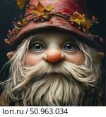 Close-up of a fairy-tale gnome with a gray beard and large expressive eyes. On his head is a red cap decorated with autumn leaves and berries. The warm and good-natured image evokes associations with folk tales, magic and forest spirits. Ideal for children's book illustrations, New Year and autumn design, cards and fairy-tale projects. Стоковое AI-изображение, AI-художник Анна Кривицкая / Фотобанк Лори