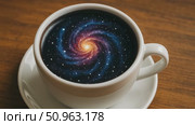 Cup of coffee with galaxy swirl inside, symbolizing cosmic energy, creativity. Стоковое AI-видео, аниматор Екатерина Усенко / Фотобанк Лори