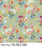 Watercolor and Gouache floral pattern with poppy, foxglove, chicory and buttercups seamless vintage bouquet with blue ribbons and colorful wildflowers on white background. Hand-painted romantic design inspired by Renaissance style, perfect for wallpaper, textile prints, wedding decor, and feminine interior projects. Стоковая иллюстрация, иллюстратор Анастасия Лембрик / Фотобанк Лори