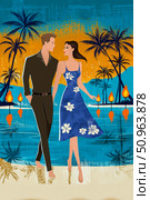 Romantic couple walking along a tropical beach at sunset, surrounded by palm trees and glowing lanterns, creating a vibrant and enchanting atmosphere for a summer getaway. Стоковое AI-изображение, AI-художник Ирина Ручушкина / Фотобанк Лори